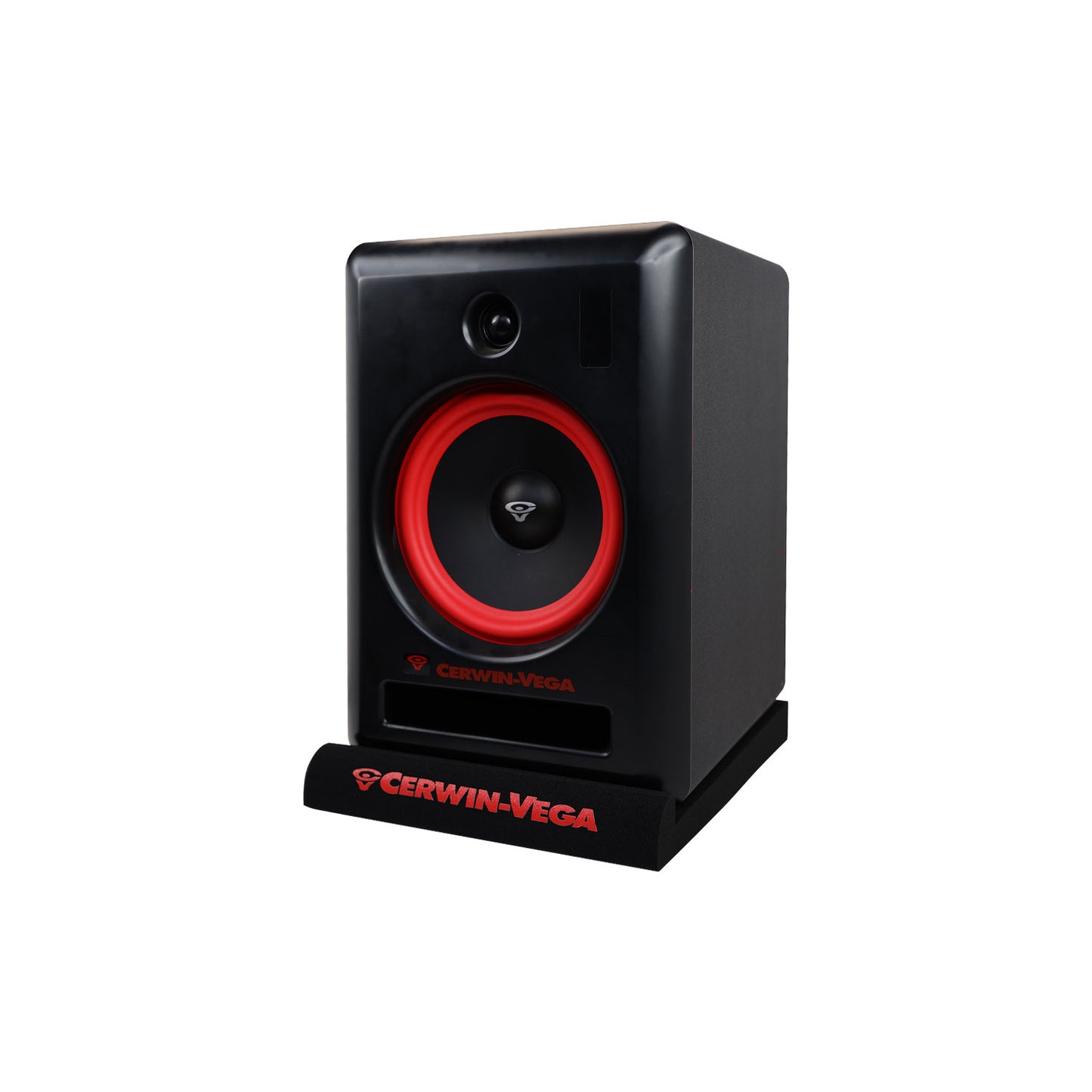 The VEGA Series 4" Studio Monitor has a black, sleek, rectangular design with glossy finish, featuring a prominent red woofer and smaller tweeter. It's mounted on black V4SPAD isolation pads with the Cerwin-Vega logo in bold red, offering excellent sound clarity.