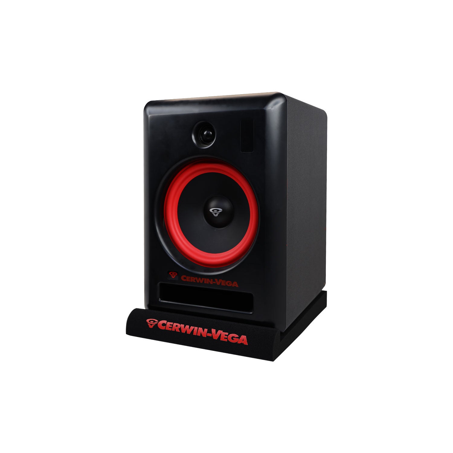 The VEGA Series 4" Studio Monitor has a black, sleek, rectangular design with glossy finish, featuring a prominent red woofer and smaller tweeter. It's mounted on black V4SPAD isolation pads with the Cerwin-Vega logo in bold red, offering excellent sound clarity.