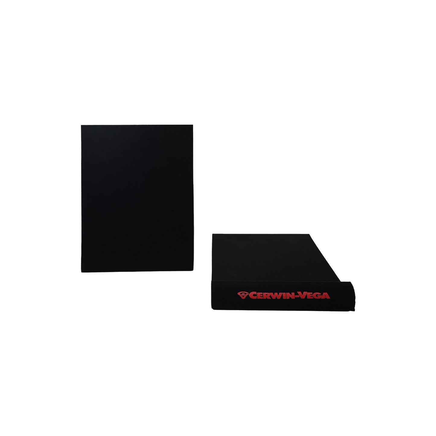 Two black rectangular objects on a white background: one upright, the other laid flat, displaying red "Cerwin-Vega" on its edge. Designed with sharp edges for vibration isolation, they are VEGA Series 4" Studio Monitor Isolation Pads - V4SPAD.