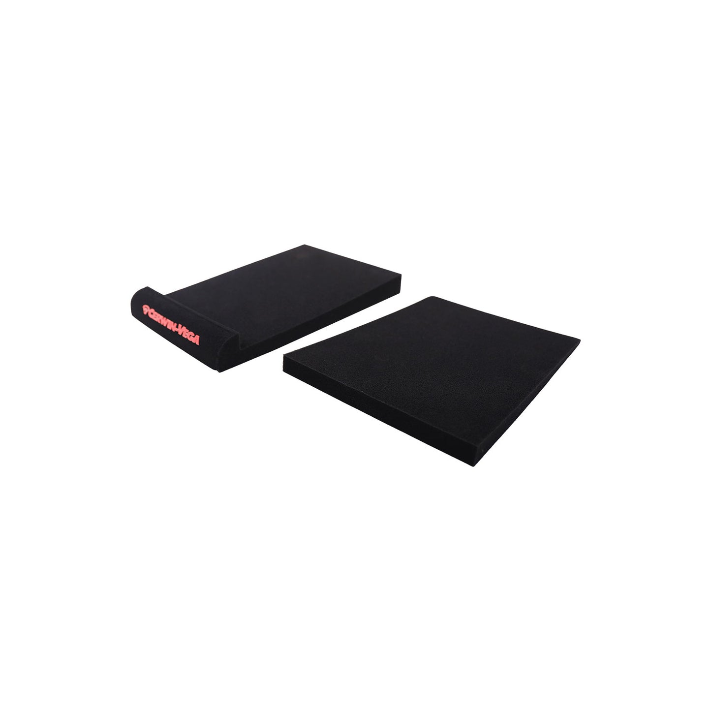 The VEGA Series V4SPAD features two black foam isolation pads with beveled edges on a white background. One stands upright with a red logo, ideal for studio monitors, while the other lies flat with a smooth surface. Both are identical in size and shape, ensuring reliable vibration isolation.