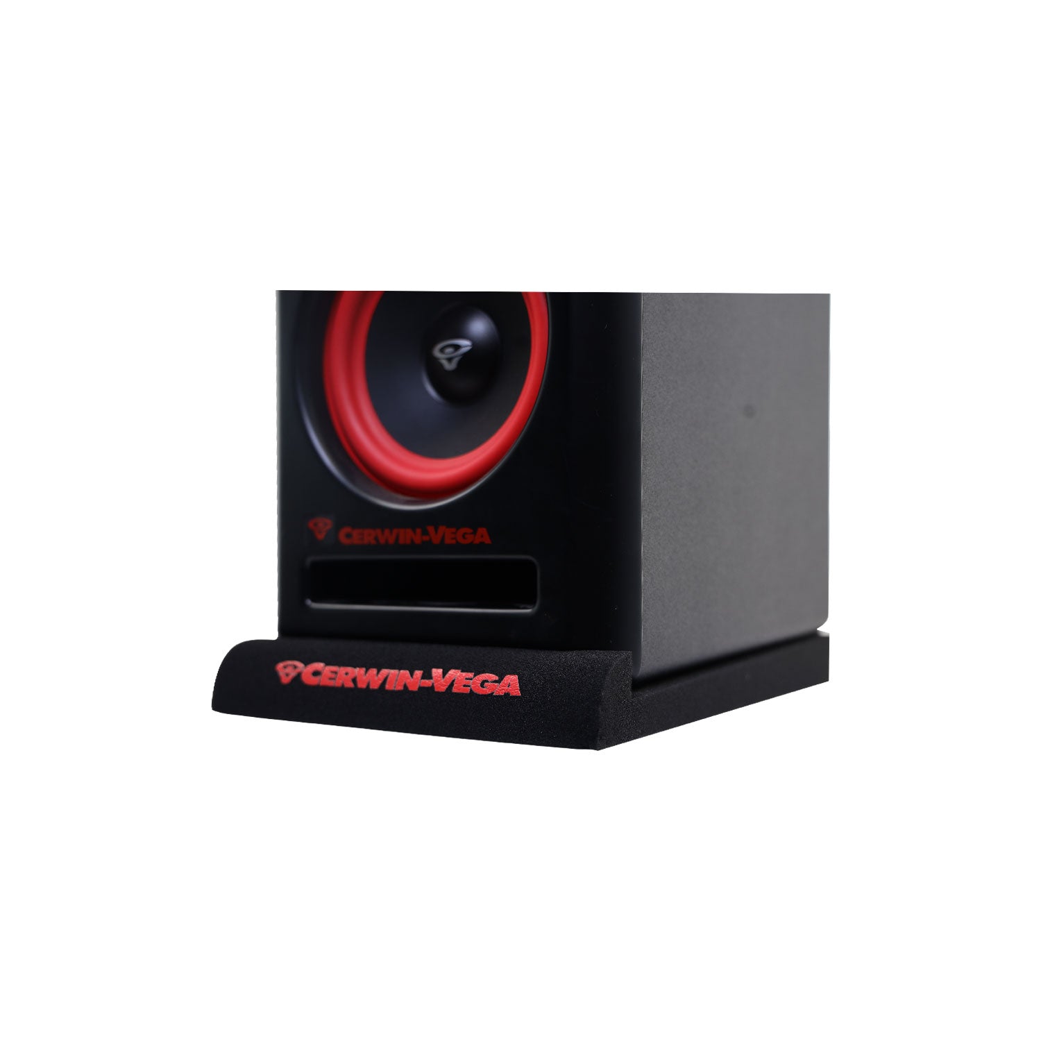 Close-up of a black VEGA Series 4" Studio Monitor Isolation Pad (V4SPAD), featuring the Cerwin-Vega logo in red on the grille and a red circular design around the cone. The sleek black casing with vibrant red accents enhances performance and style, making them ideal for studio use.