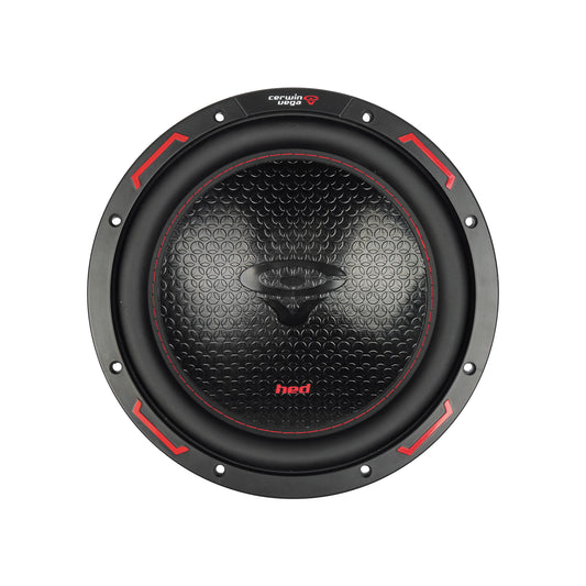 The HED 2025 Edition Subwoofer features a round design with a textured black cone, central logo, red and black theme including red "hed" on the cone, and a black surround adorned with small red triangles.
