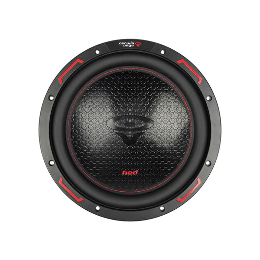 The Cerwin Vega HED 2025 Edition Subwoofer (H10DV4) features a sleek black and red design, with a patterned cone, prominent center logo, circular frame with red accents, and branding at the top, using dual 4Ω voice coils for both aesthetic appeal and modern performance.