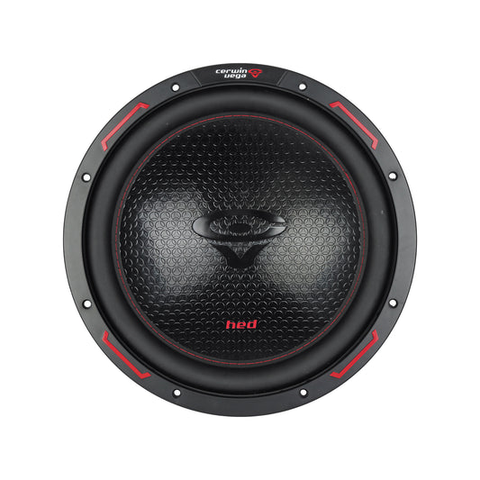 The HED 2025 Edition Subwoofer is a black circular 12" car subwoofer with a textured hexagonal diaphragm, featuring a central red logo and red accents. It includes metal mounting holes on the frame, with "Cerwin Vega" and "hed" printed on the outer ring. Model: H12DV2, Dual 2Ω voice coils.