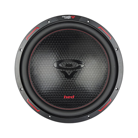 A close-up of the HED 2025 Edition Subwoofer reveals its round design with a textured black honeycomb-patterned cone, featuring a red "hed" logo at the bottom, surrounded by a black rubber ring with red accents. The robust frame and central black dust cap enhance its heavy-duty appeal.