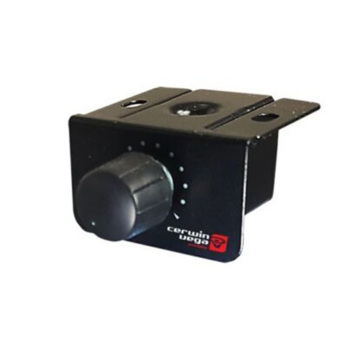 Black car audio control knob featuring a white-marked level dial, mounted on a small rectangular bracket, ideal for SPL enthusiasts using the Stroker 1000W RMS Full Range Class-D Mono Amplifier-S91000.1D. It displays the Cerwin Vega logo in white and red at the bracket's bottom right.