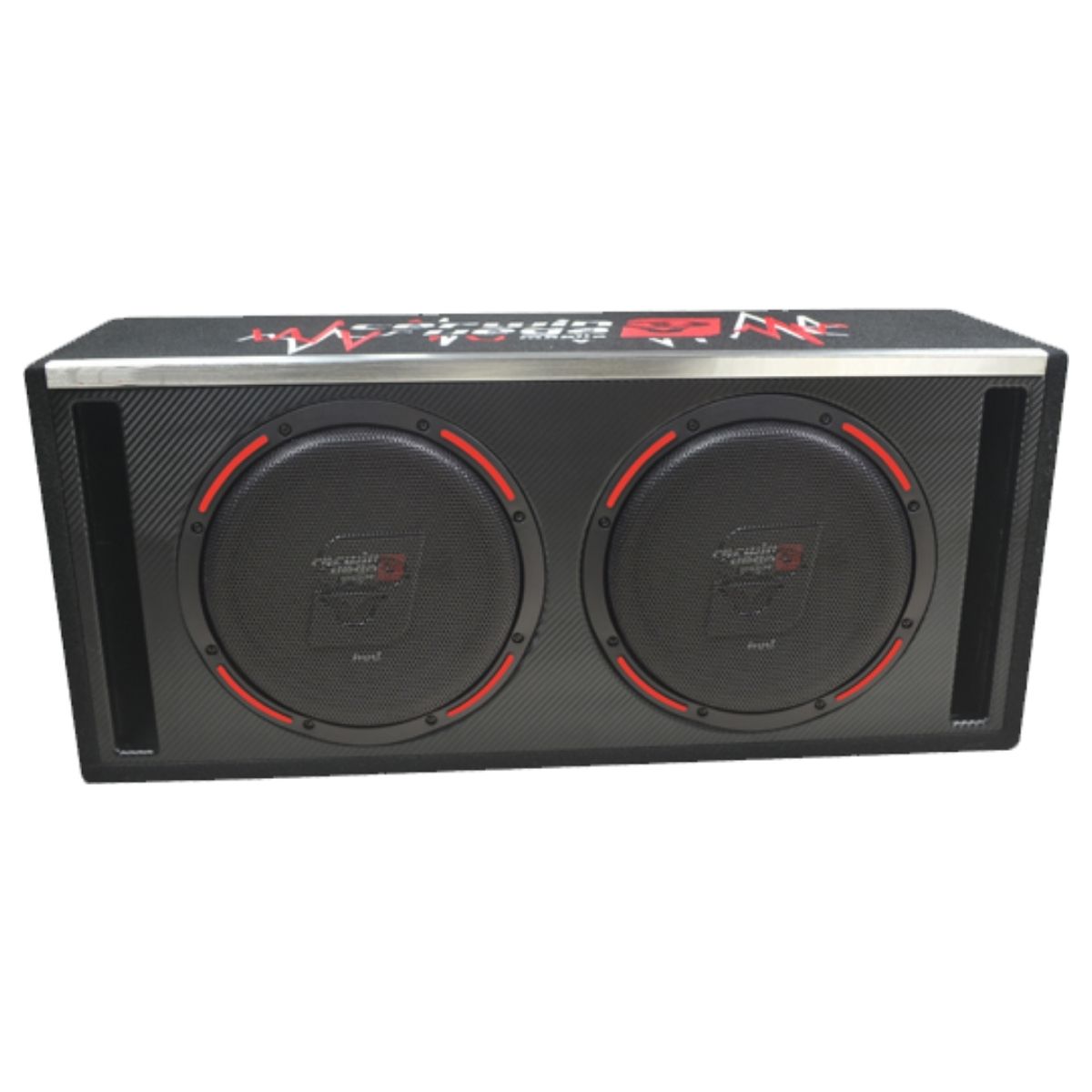 Rectangular black HED Subwoofer Enclosure with two round subwoofers featuring red accents and central logos. It has a textured surface, white and red graphics with "SW" and "Speakers," and includes two vertical slots on each side.