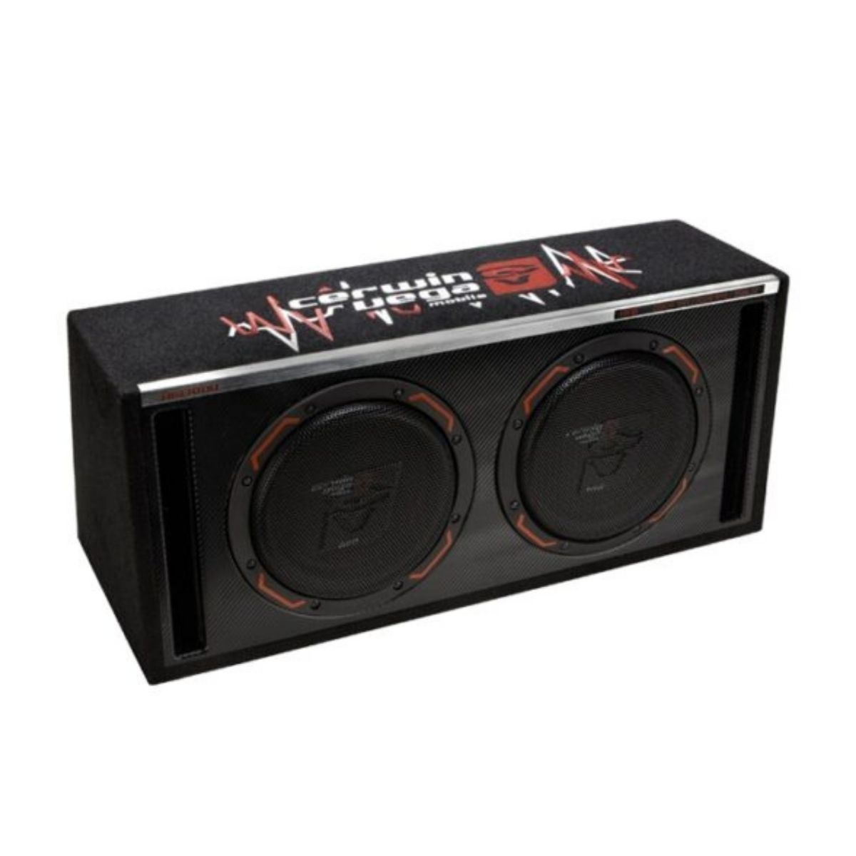 Black rectangular HED Subwoofer Enclosure featuring two round subwoofers with orange accents. The top displays "Cerwin Vega" and a sound wave graphic in red and white. Textured finish enhances the sleek, modern design for superior audio performance.