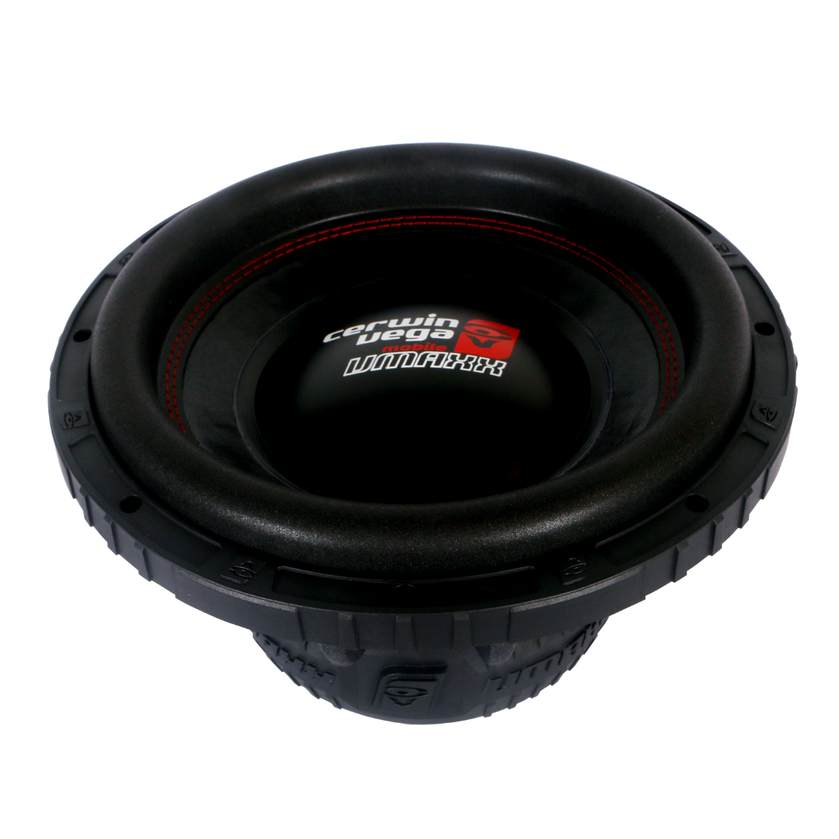 The VMAXX 12" DVC High-Performance Subwoofer (4Ω) - VMAX12D4 features a prominent rubber surround, thick diaphragm with red stitching, and the Cerwin Vega logo with "L07D4V2S3" text in red and white on the center cap. The textured outer rim completes this sleek design on a white background. Perfect for car audio enthusiasts.