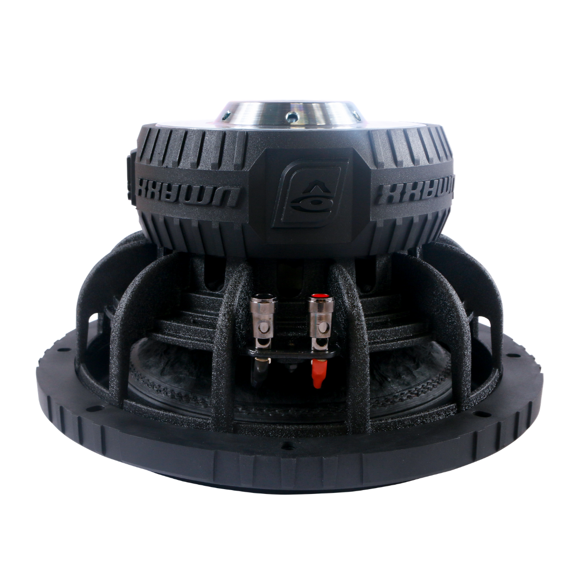 The VMAXX 12" DVC High-Performance Subwoofer (4Ω) - VMAX12D4 is a durable, rugged black subwoofer perfect for car audio fans, featuring a ribbed metallic top, broad base with circular vents, and two connectors including a red-accented one. The Cerwin Vega logo highlights its industrial design.