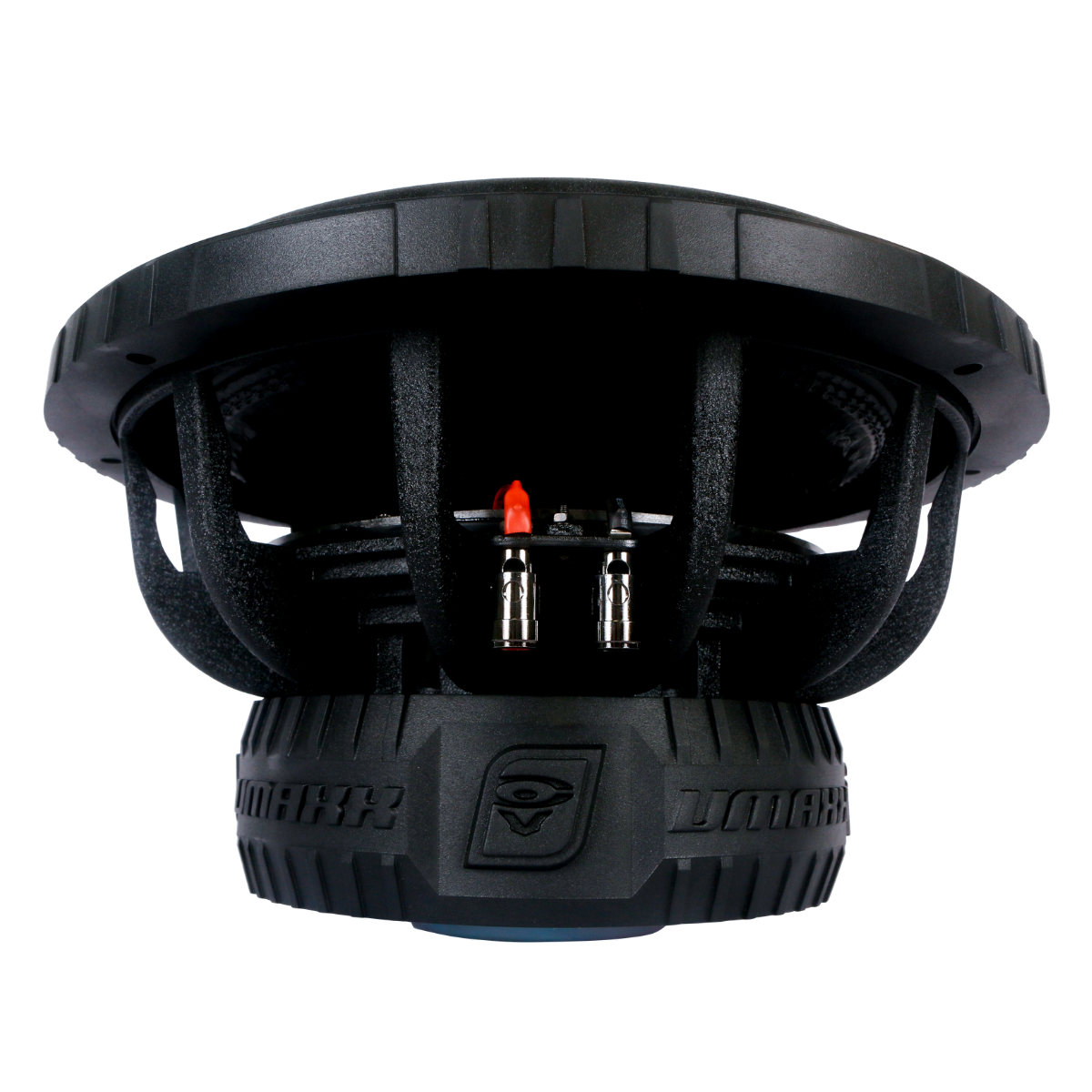 Side view of the VMAXX 12" DVC High-Performance Subwoofer (4Ω) - VMAX12D4, showcasing its black rugged design with intricate lattice supports and manufacturer's logo on the base. Ideal for car audio enthusiasts, it features two visible terminals with a red accent and a grooved outer rim.