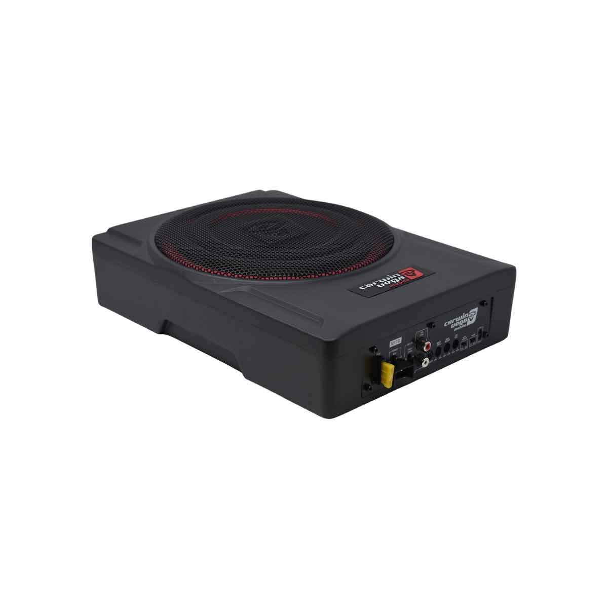 The VEGA Slim 10” Active Powered Subwoofer - VR10 is a black, rectangular subwoofer with rounded edges and a recessed speaker on top accented by a red ring. It features plug-and-play controls and connection options on the front panel, with the brand logo and model number on the side.