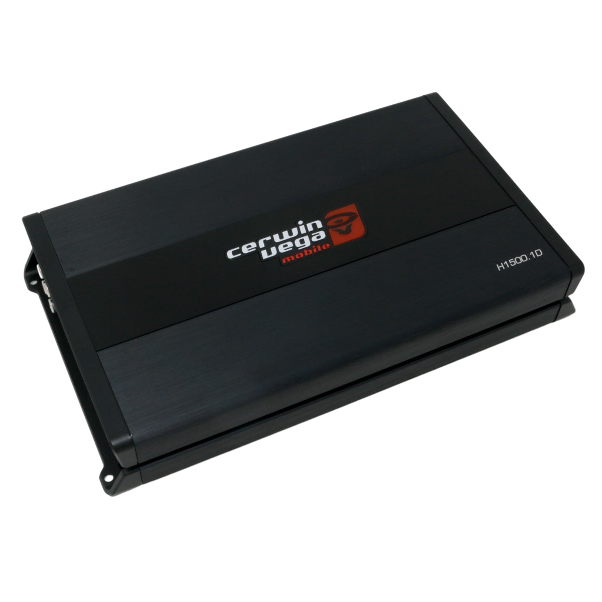 The Cerwin Vega Mobile HED Amplifiers features a black rectangular car amplifier with a sleek, brushed metal finish. A red icon and the logo are on top, and "H1500.1D" is printed in the lower right corner.