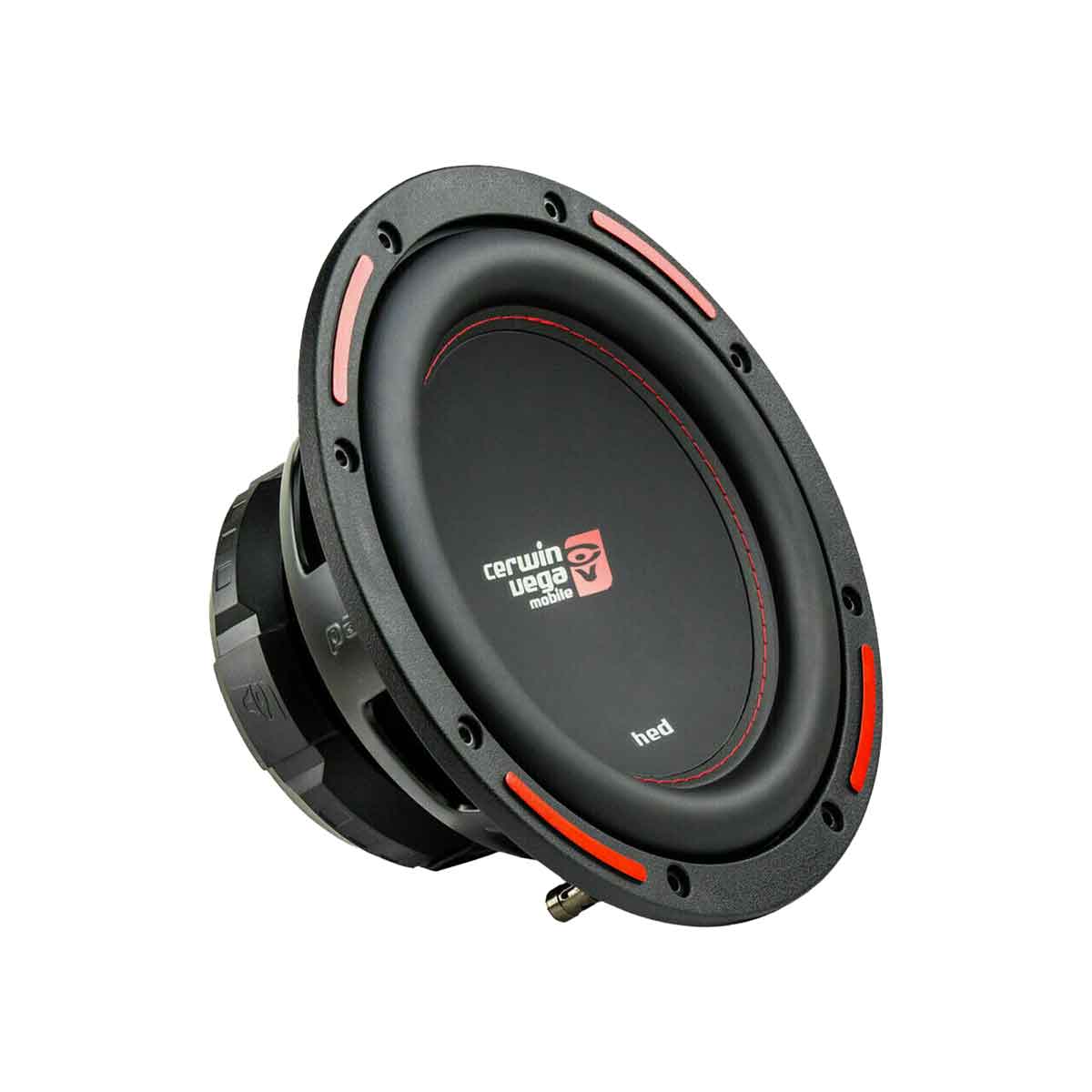 The HED Series 10" SVC Subwoofer (4Ω) - H7104S captivates car audio enthusiasts with its round black design featuring red accents and the "Cerwin Vega" logo. Its visible mounting holes, sturdy base, and sleek, modern form ensure high-quality sound delivery.