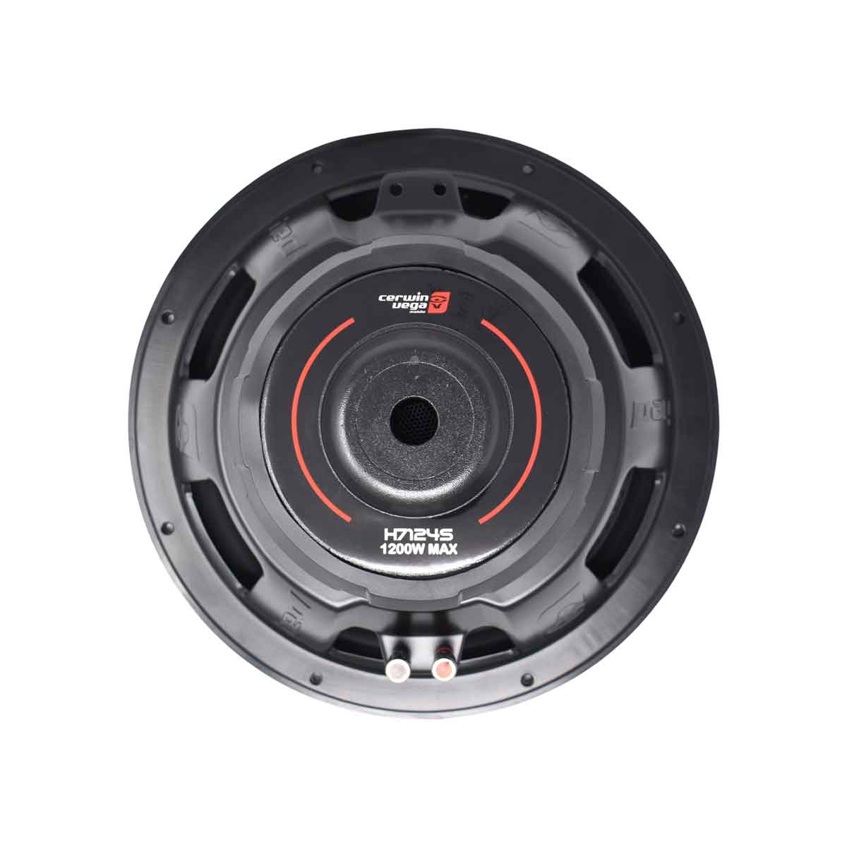 Top view of a black HED Series Subwoofer showcasing "Cerwin Vega" in red letters and logo at the center, encircled by red and white lines. "H724S" and "1200W MAX" are printed below.