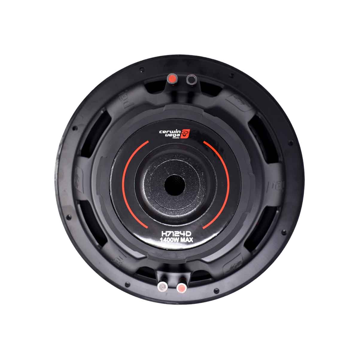 A black circular Cerwin Vega HED Series 12" DVC (4Ω) subwoofer, model H7124D, with red accents and "1400W MAX" in white text, features bolt holes and a textured rim. It's ideal for car audio enthusiasts seeking high power and showcases the iconic logo at its center.