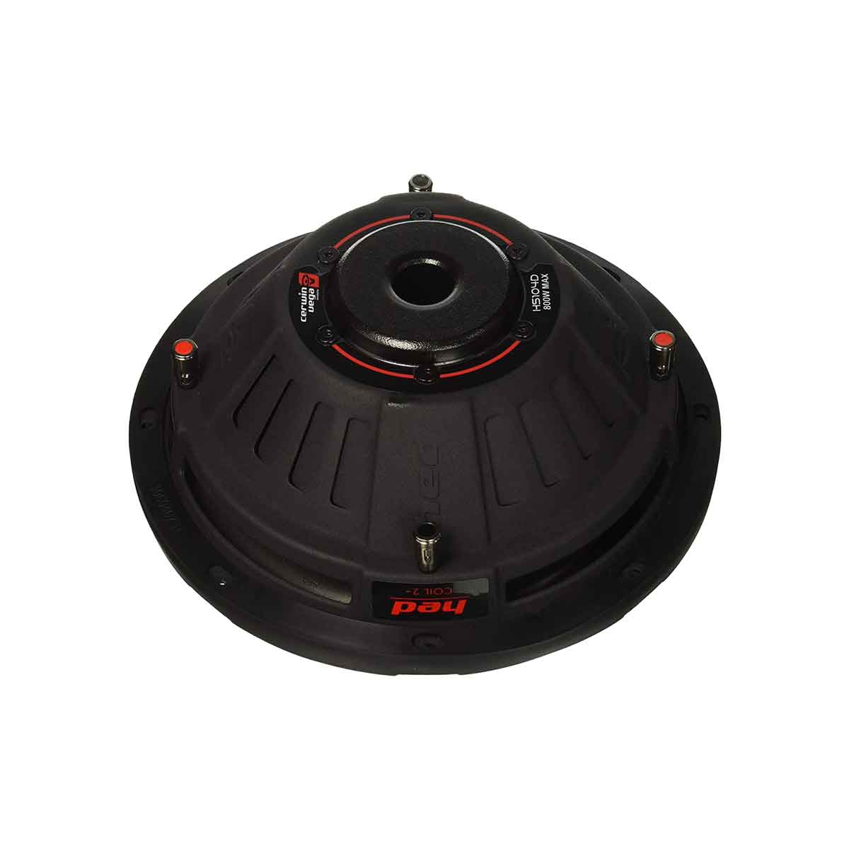 The image features a HED Series 10" Shallow Dual Voice Coil Subwoofer (4Ω) - HS104D with a black round cone, central circular mounting hub, red accents, and textured patterns, ideal for car audio enthusiasts. "Red" is prominently displayed on its vented exterior, known for powerful bass.