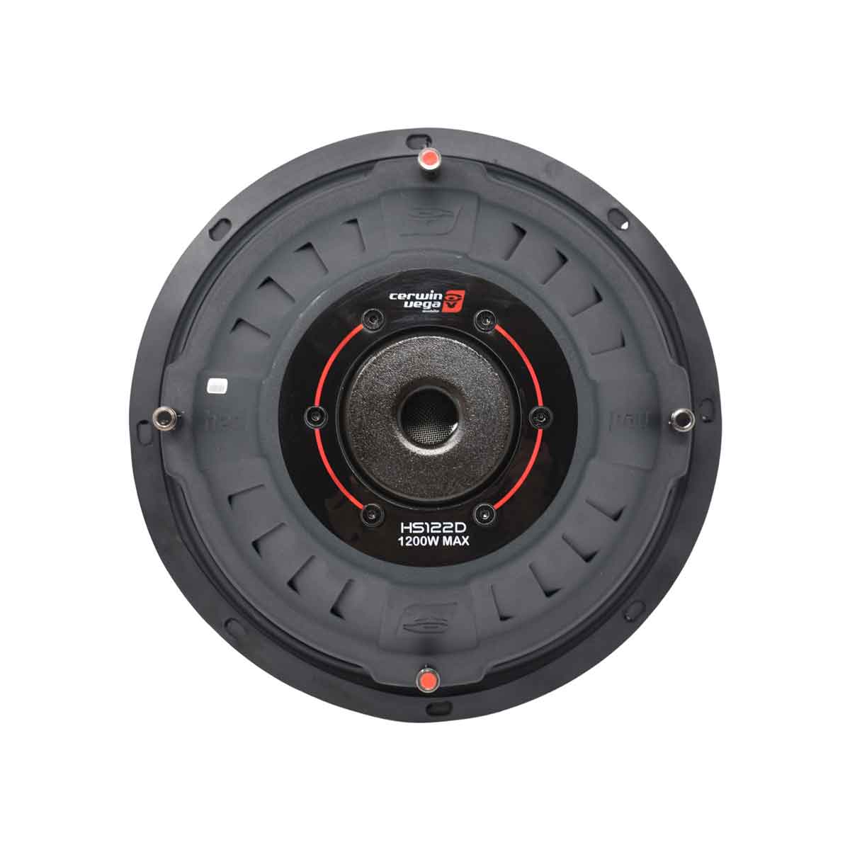 The Cerwin Vega HED Series 12" Shallow Subwoofer (HS122D) features a black casing with red accents, dual voice coil, and delivers up to 1200W max power. It has four evenly spaced mounting holes.