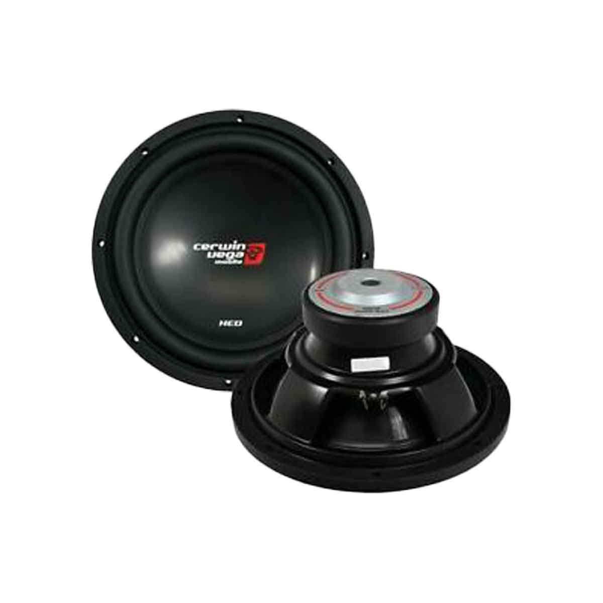 Two Cerwin Vega XED12V2 subwoofers (12” SVC, 4Ω) are displayed on a white background, highlighting their sleek Xtreme-Energy Design. One showcases the "Cerwin Vega" logo from the front, while the other reveals its magnet and mounting structure, perfect for high-output applications.