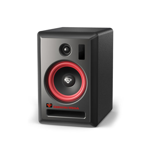 The VEGA6SB-SAT 6" 2-way studio monitor features a black and gray design with a red-edged central cone, Bluetooth 5.0 connectivity, and the Cerwin-Vega logo in red at the bottom. It includes a smaller circle above the main one and a small rectangular detail on the right.