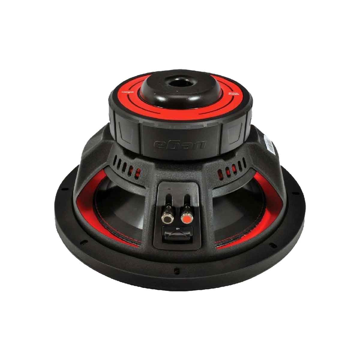 The VEGA Series 8" Dual Voice Coil Subwoofer (2Ω) - V82DV2 features a sleek black frame with red accents. The striking circular design includes a central magnet with a red outer ring and two terminal connectors for wiring, perfect for car audio enthusiasts.