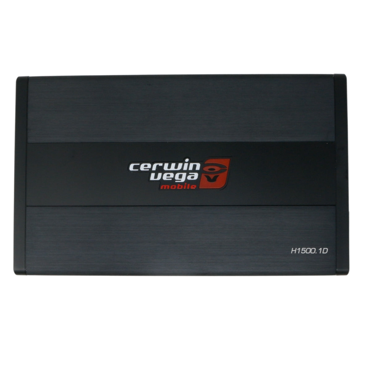 The HED Amplifiers feature a sleek black rectangular design with a brushed metal finish. At the center, the "cerwin vega mobile" logo is displayed in white with a red eye symbol, and the model number "H1500.1D" appears in white at the bottom right corner.