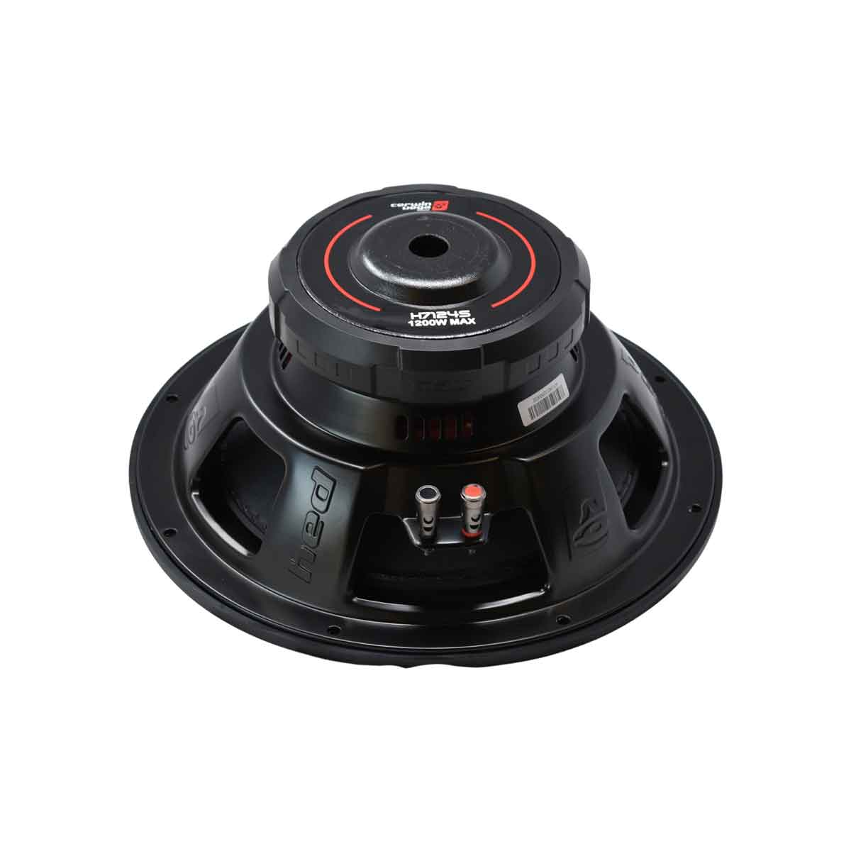 A HED Series subwoofer faces upwards on a white background, featuring red and white markings, "1,200W MAX" text, dual connection terminals, and a circular structure with multiple mounting points.