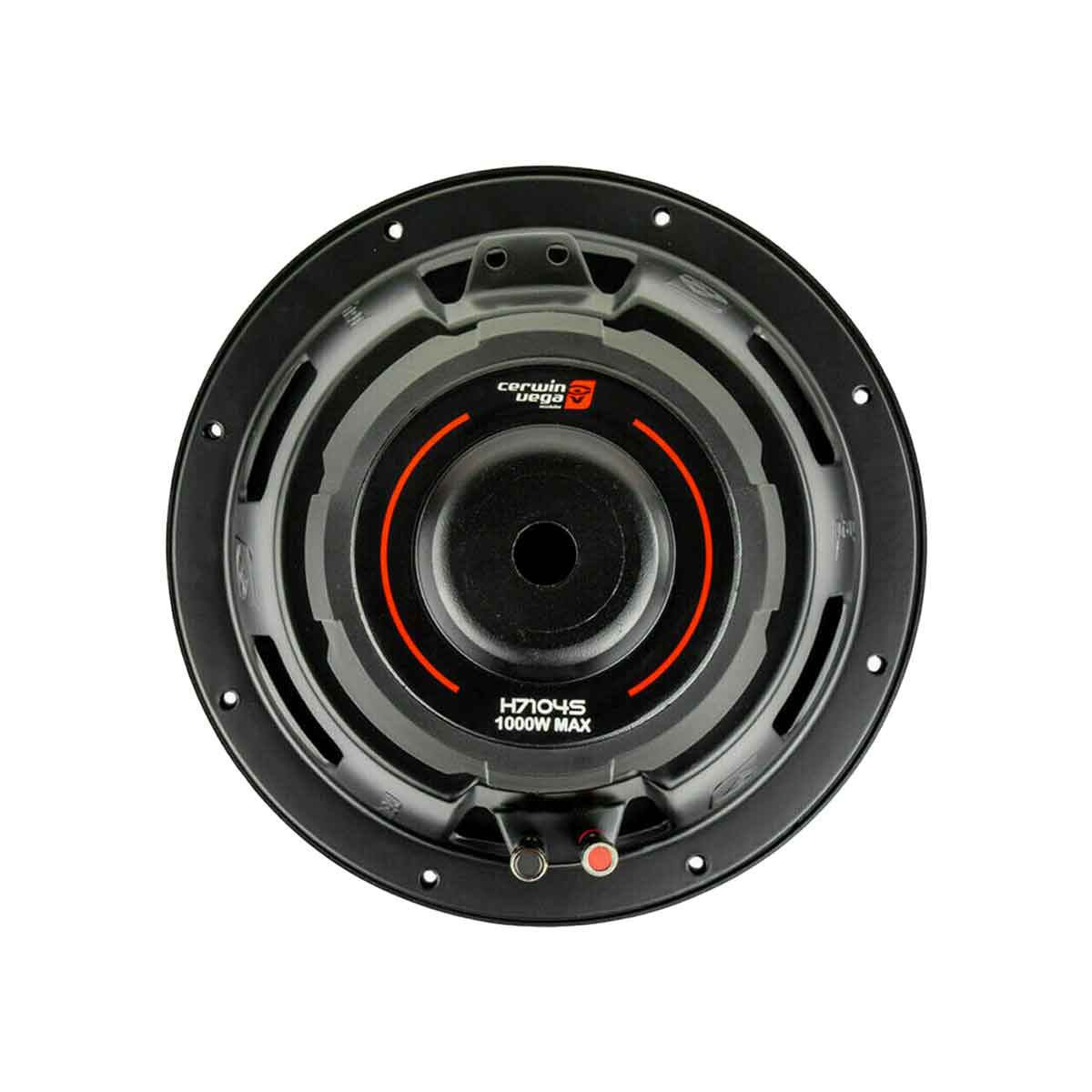 The Cerwin Vega HED Series 10" SVC Subwoofer (4Ω) - H7104S features a sleek circular design with a central cone, ribbed rubber edge, "H7104S 1000W MAX" display, and red/black terminals, making it ideal for car audio enthusiasts seeking easy setup.