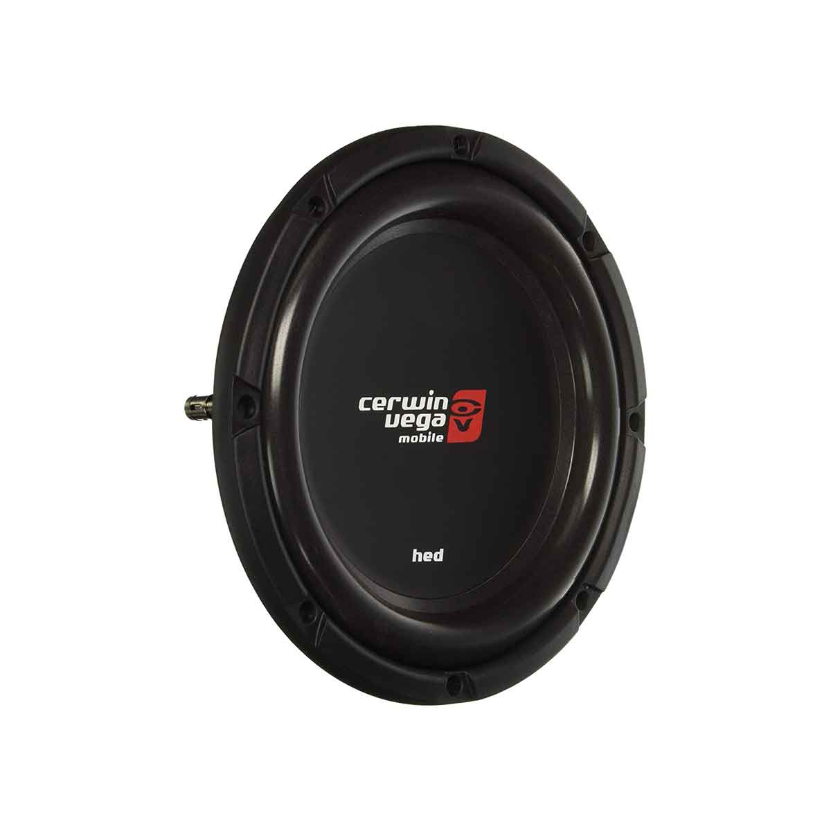 The HED Series 10" Shallow Dual Voice Coil Subwoofer (4Ω) - HS104D by Cerwin Vega Mobile features a black oval design with red branding, delivering powerful bass. It includes a "hed" labeled central dome, mounting holes on the edge, and a metal side connector for wiring.