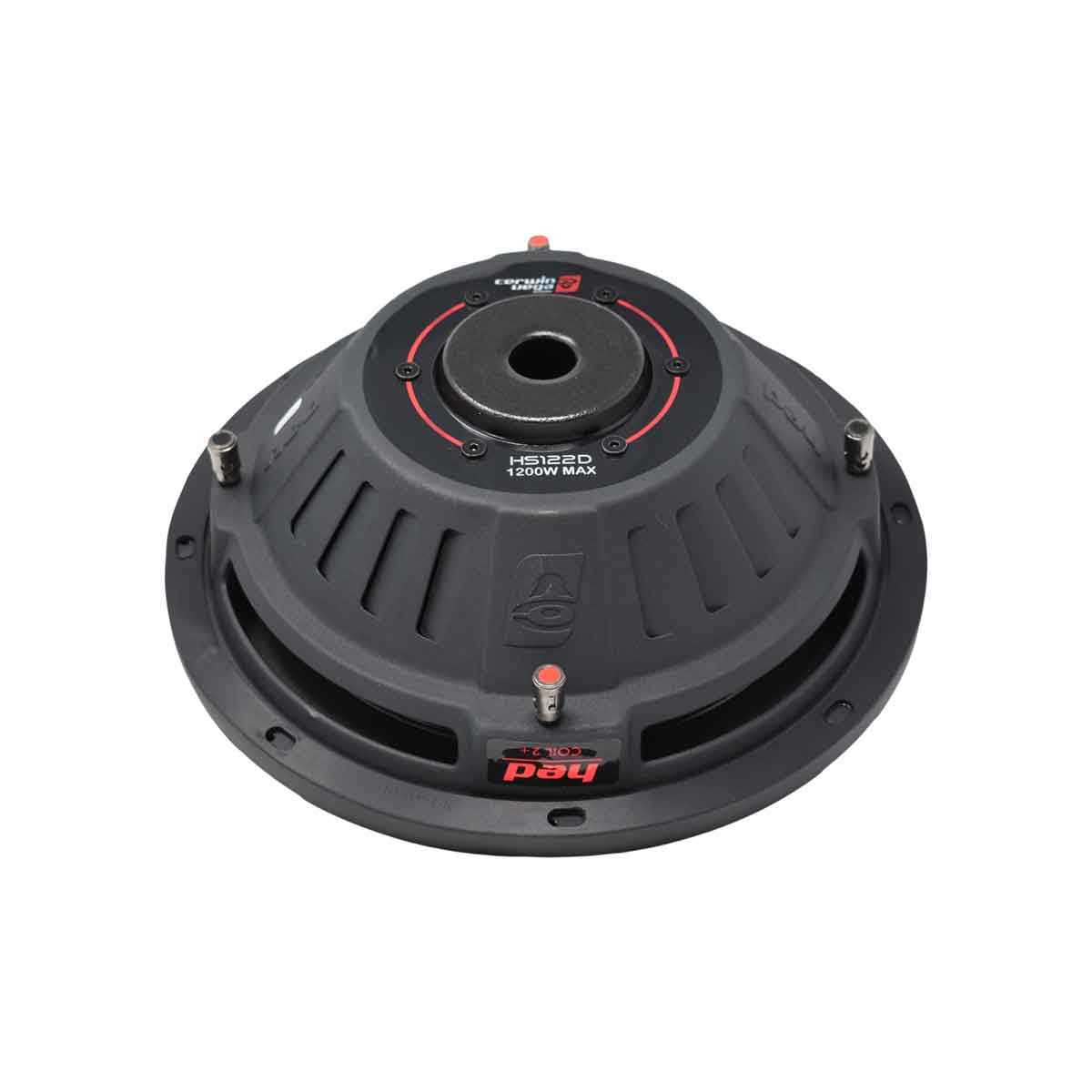 The image shows a black Cerwin Vega HED Series 12" Shallow Dual Voice Coil Subwoofer (2Ω) - HS122D. It features red accents, visible mounting holes, and a central logo. The "1200W MAX" text indicates its power capacity, while the ribbed outer edge provides structural support.