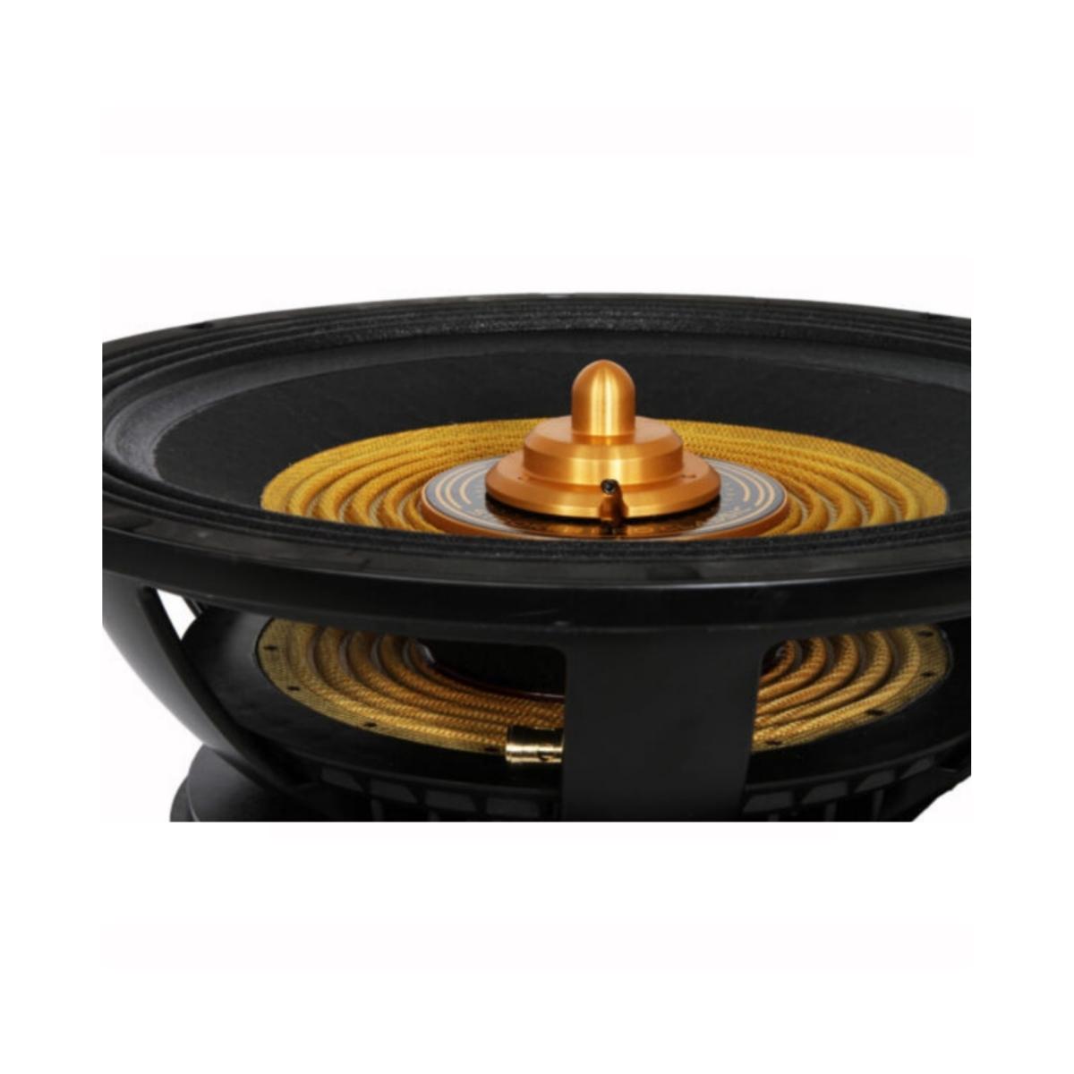 The Cerwin Vega Stroker Pro Classic 15″ Subwoofer 2Ω SVC - SPCL152 features a close-up of its internal components, including a black frame, visible coil and cone with golden concentric rings, and a copper dome at the center. These elements contrast with the black parts against a white background.