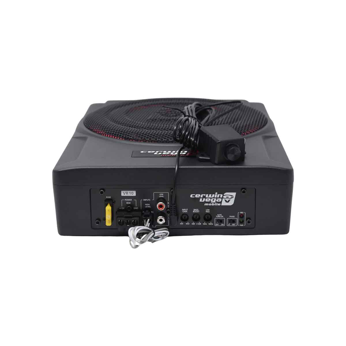 The VEGA Active Subwoofer is a black Cerwin Vega under-seat powered subwoofer with a mesh grill. The front panel includes RCA inputs and control knobs, with a coiled cable on top. A small remote control unit is nearby.