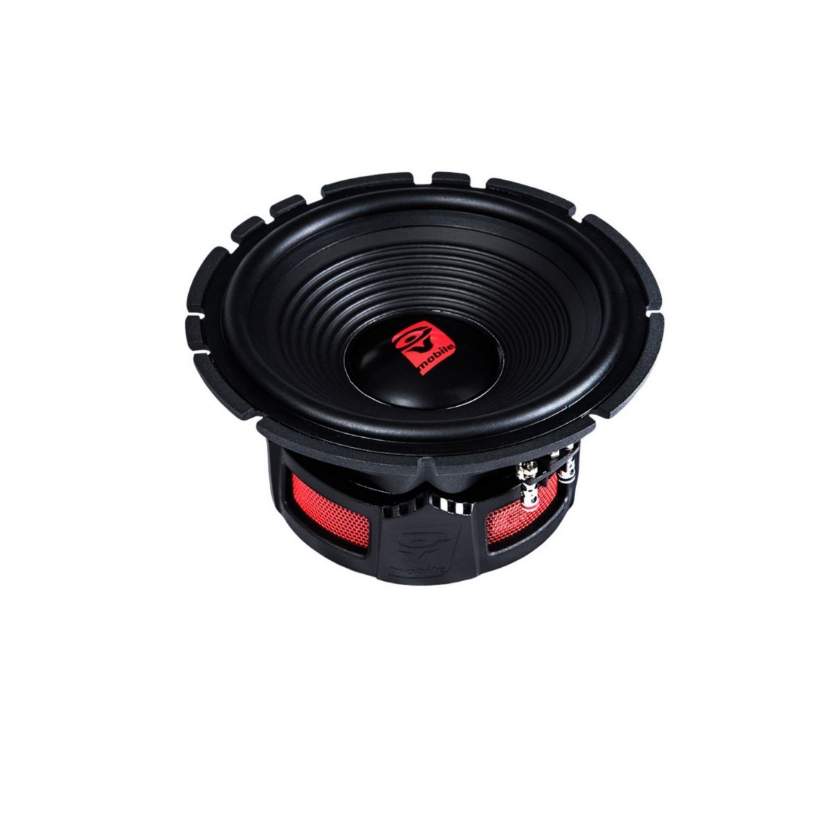 This image features a Cerwin-Vega Stroker 6.5" 2-Way Component Speaker Set - ST65C in black and red. Its ridged cone, central logo, and textured rim highlight high-performance car audio, with red and black wiring alongside a red mesh-like material hinting at its robust build for superior sound output.