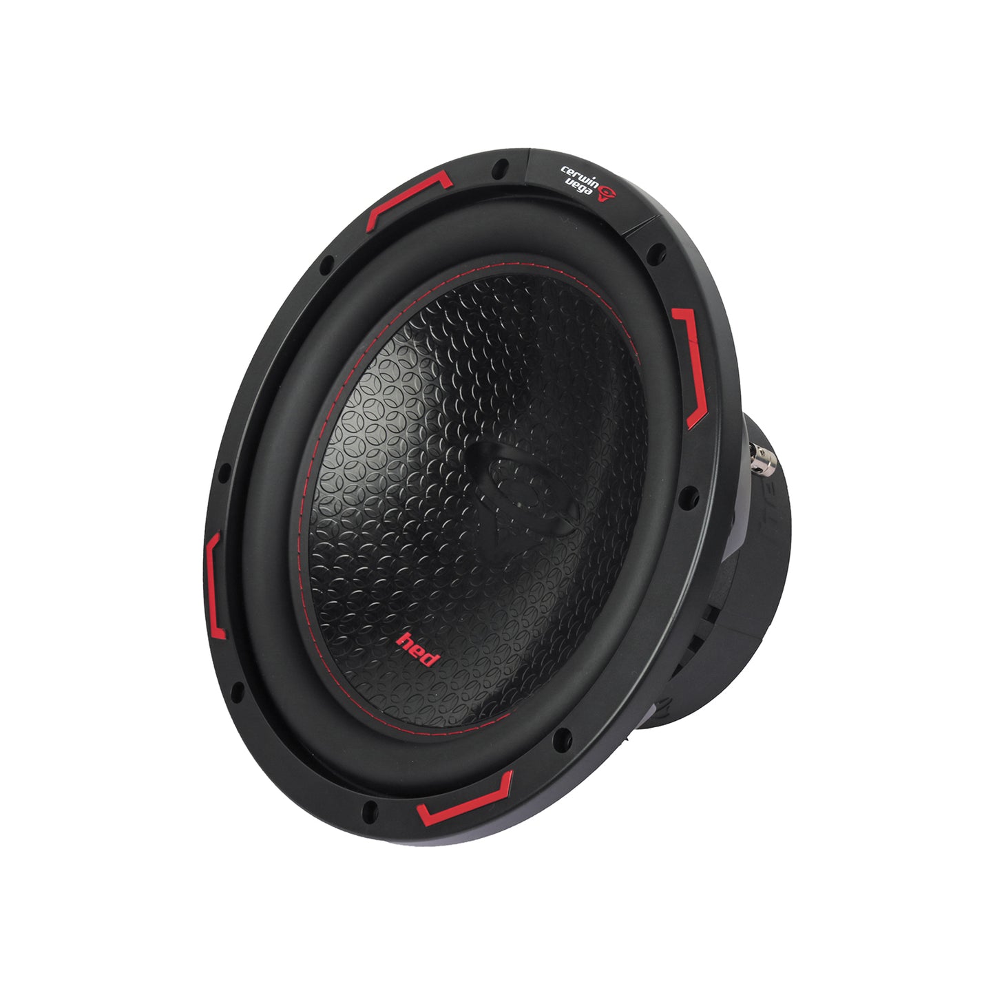 The HED 2025 Edition Subwoofer is a sleek black car subwoofer with a textured cone, red accents on the rim, and "HED Series" in white. It features visible screw holes for easy installation and houses its components in a black cylindrical back.