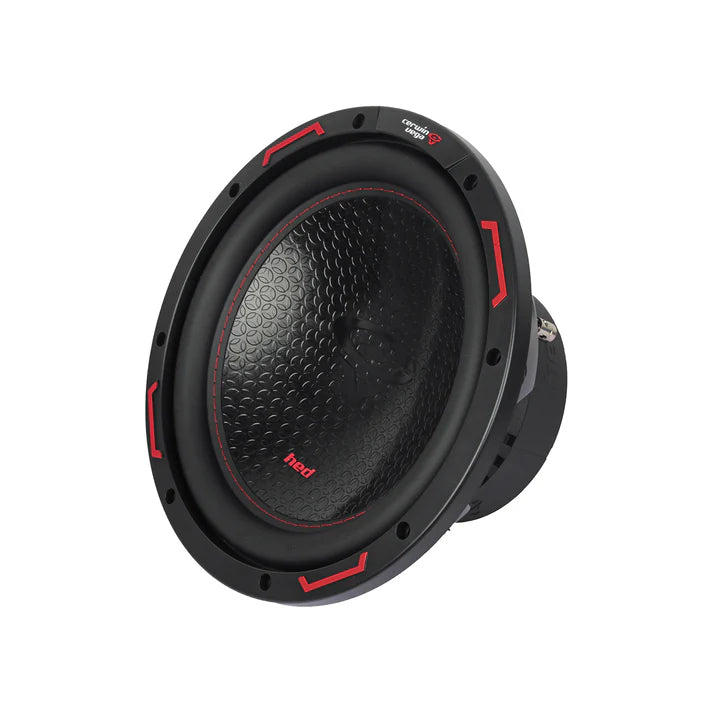 The image displays the HED 2025 Edition Subwoofer (H10DV4) with a black textured cone adorned with red accents and "red" printed on it. The sturdy housing showcases branding, and the subwoofer is angled right on a white background.