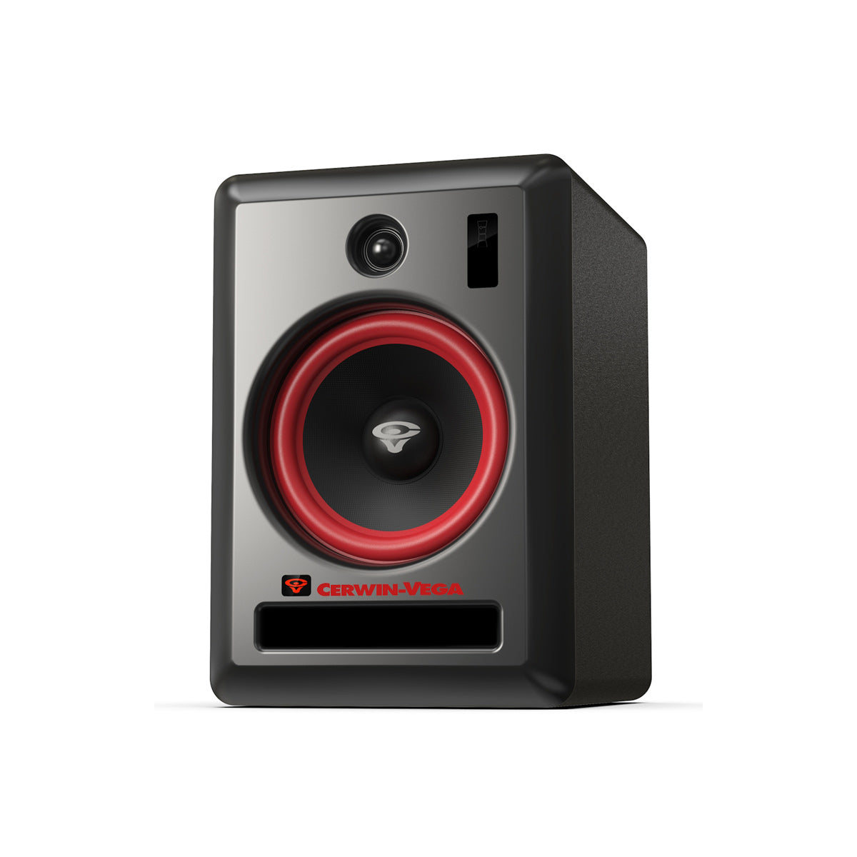 The VEGA8SB-SAT 8" 2-WAY STUDIO MONITOR features a glossy front panel with a red-accented woofer and tweeter. An open port at the base enhances sound delivery, while the vibrant logo in red stands out on the crisp white background. Ideal for studio monitoring.