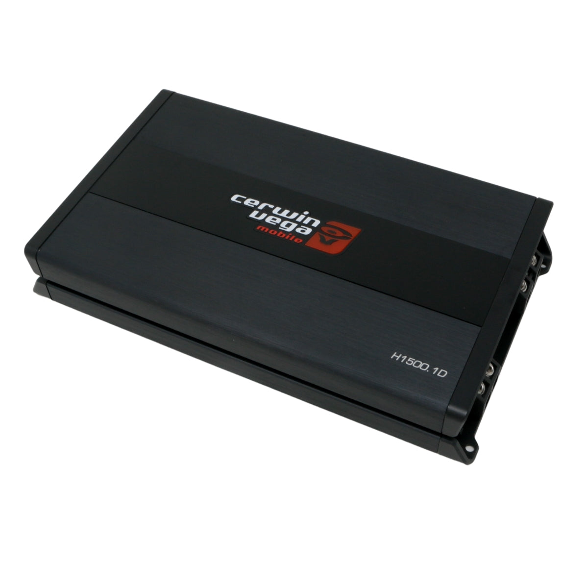 Black rectangular HED Amplifier by Cerwin Vega with a central logo and red text. The front reads "Cerwin Vega mobile," and the bottom right displays "H1500.1D." It features a metallic finish with visible side input/output ports.
