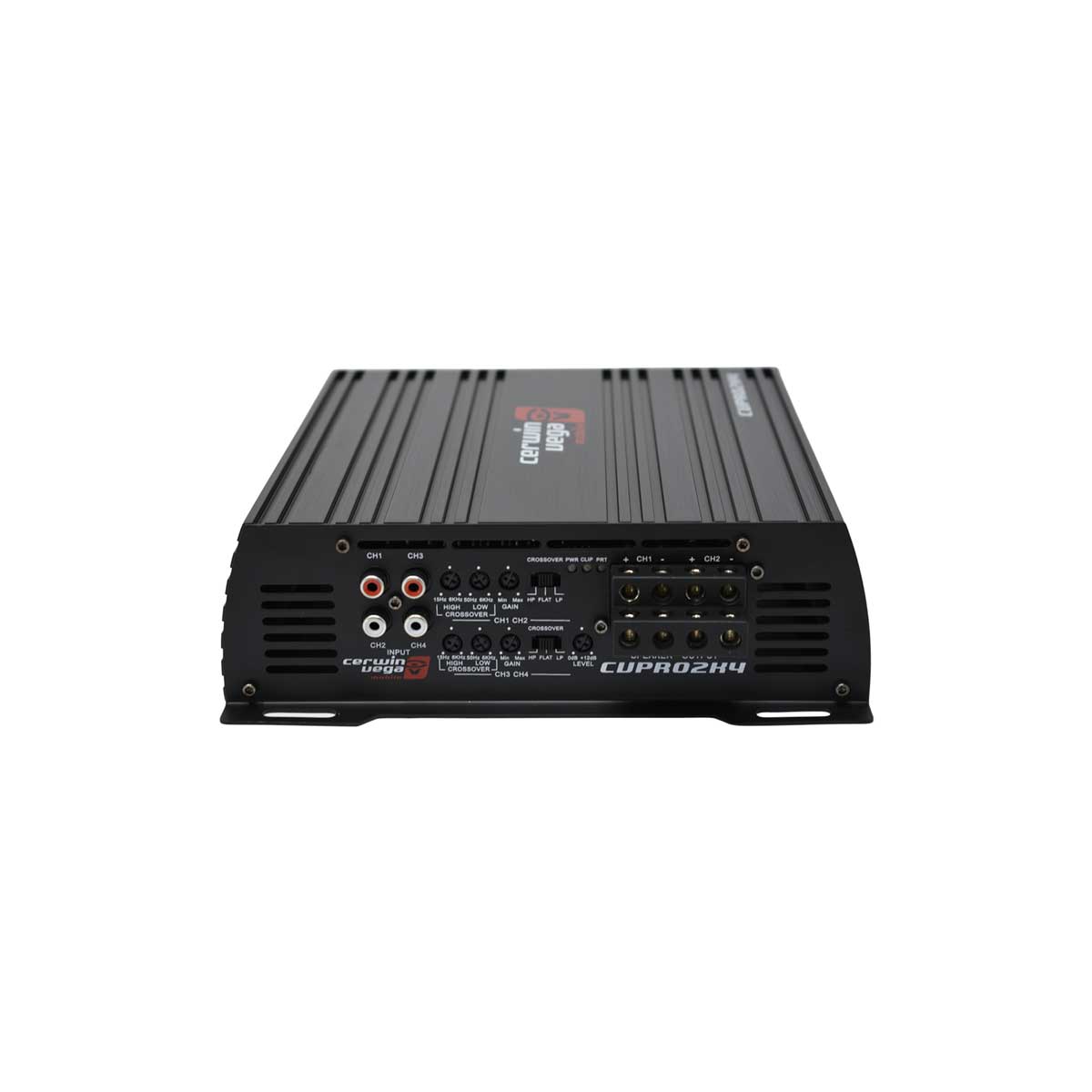 The CVP Pro 4-Channel Class D Amplifier, model CVPRO2K4, features a compact black design with fins for heat dissipation. The front panel includes multiple input/output ports like RCA inputs and speaker outputs, and the side is labeled with "CVPRO2K4" to highlight its high-current technology ideal for cars.