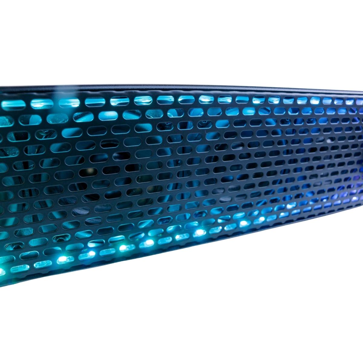 A close-up of RPM XED Waterproof Soundbars, featuring a black mesh exterior highlighted by glowing blue LEDs. The lights form a striking pattern, showcasing the sleek modern design against a white background for enhanced contrast.