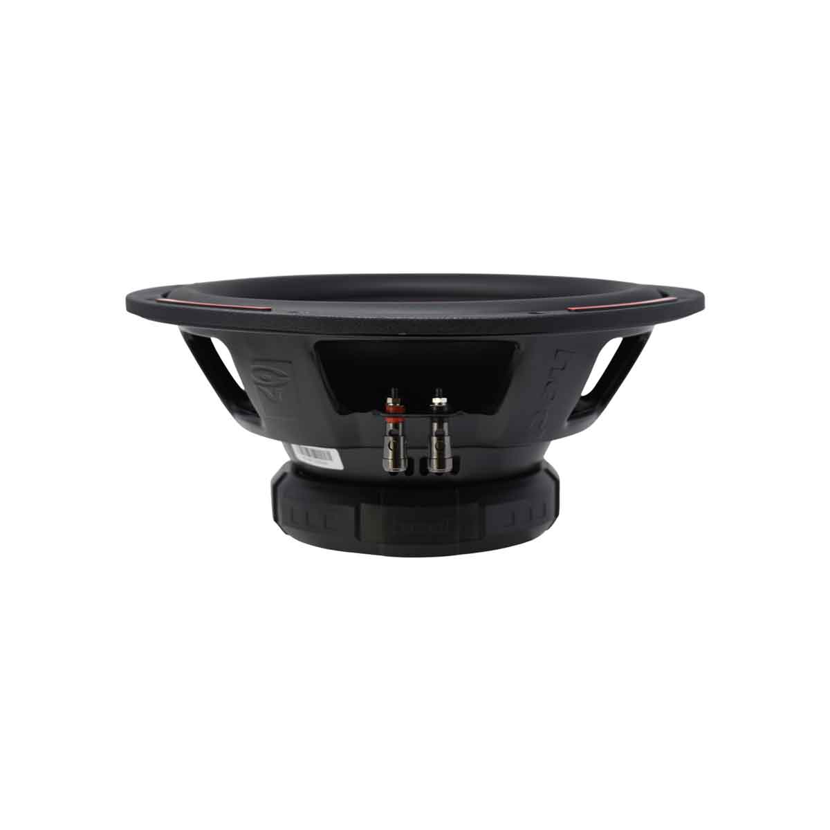 The HED Series Subwoofers, seen from the side, showcase a circular design with black metal framing and a cone-shaped central area. It features red and black connectors at the rear, a sturdy base, and visible venting for optimal sound projection.