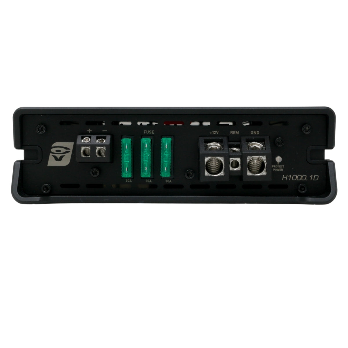 A black, Cerwin Vega Inc. HED 1000W RMS Class-D Mono Digital Amplifier with various connectors and terminals on one side. It features three green fuses labeled 35A, 35A, and 20A. Terminals are designated for +12V, REM, and GND alongside other input/output ports. The model number "H1000.1D" is printed in white near the bottom right.