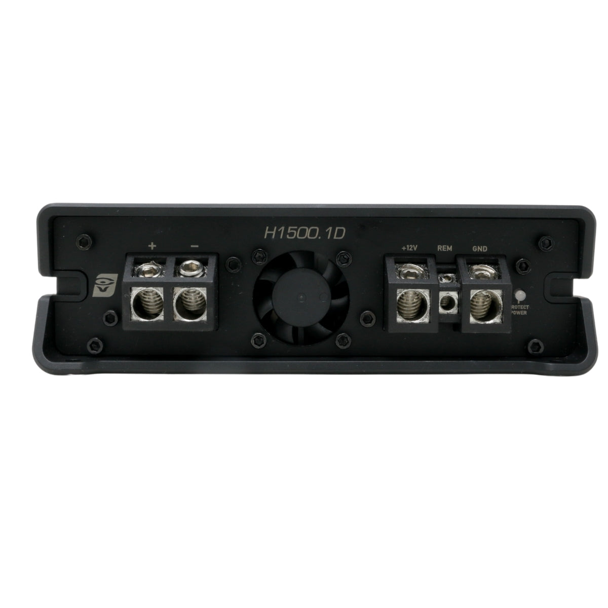 Close-up view of a rectangular black car audio amplifier labeled "HED 1500W RMS Full Range Class-D Mono Digital Amplifier." The panel features multiple silver screw terminals for connecting wires, labeled from left to right with -12V, REM, +12V, and GND. This high-performance Cerwin Vega Inc. product boasts Class D amplifier technology and has a large central knob with a protective transparent cover.