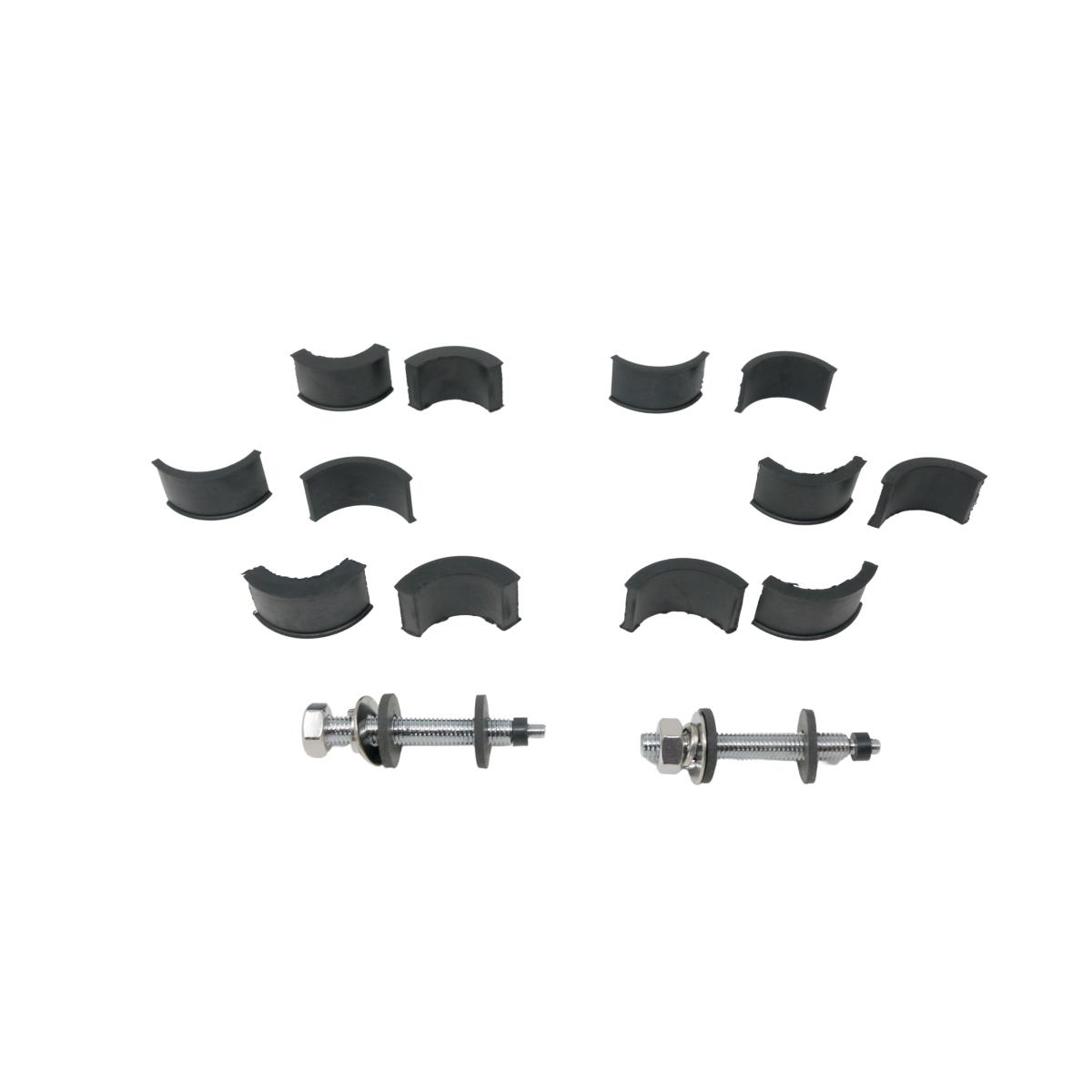 Ten black plastic clamps arranged in a semi-circle, with two partially assembled silver metal bolts, washers, and nuts beneath them, featured on a white background. Suitable for RPM XED Waterproof Soundbars.