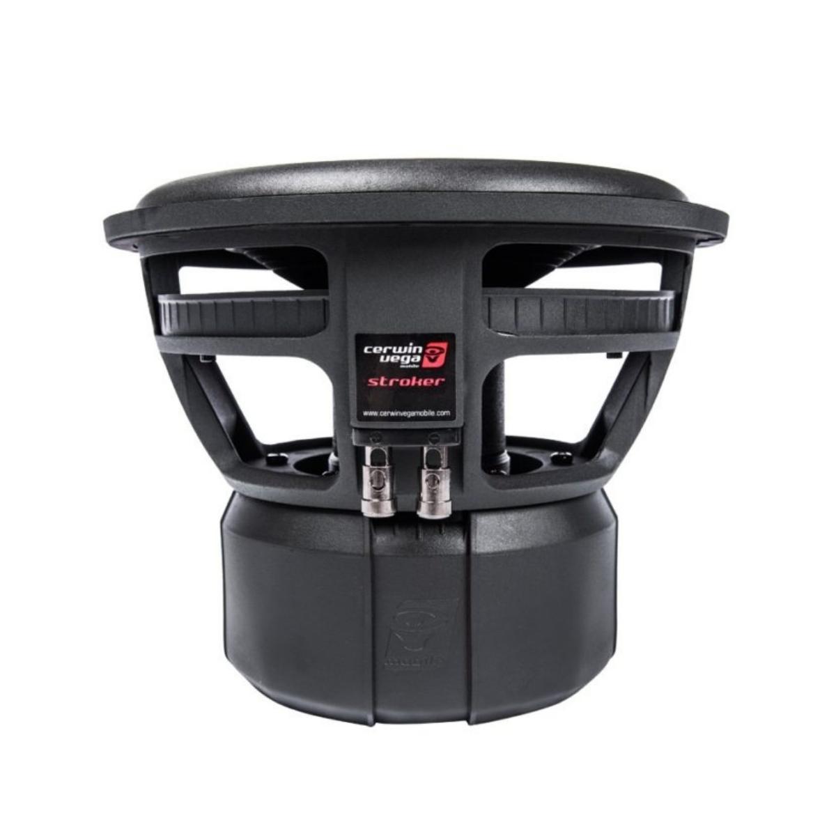 The Stroker Series 10 Inch Subwoofer (ST102D) in black features high power handling, a robust industrial design with a vented frame, and silver dual input terminals. The branding in red, white, and black enhances car audio performance effectively.