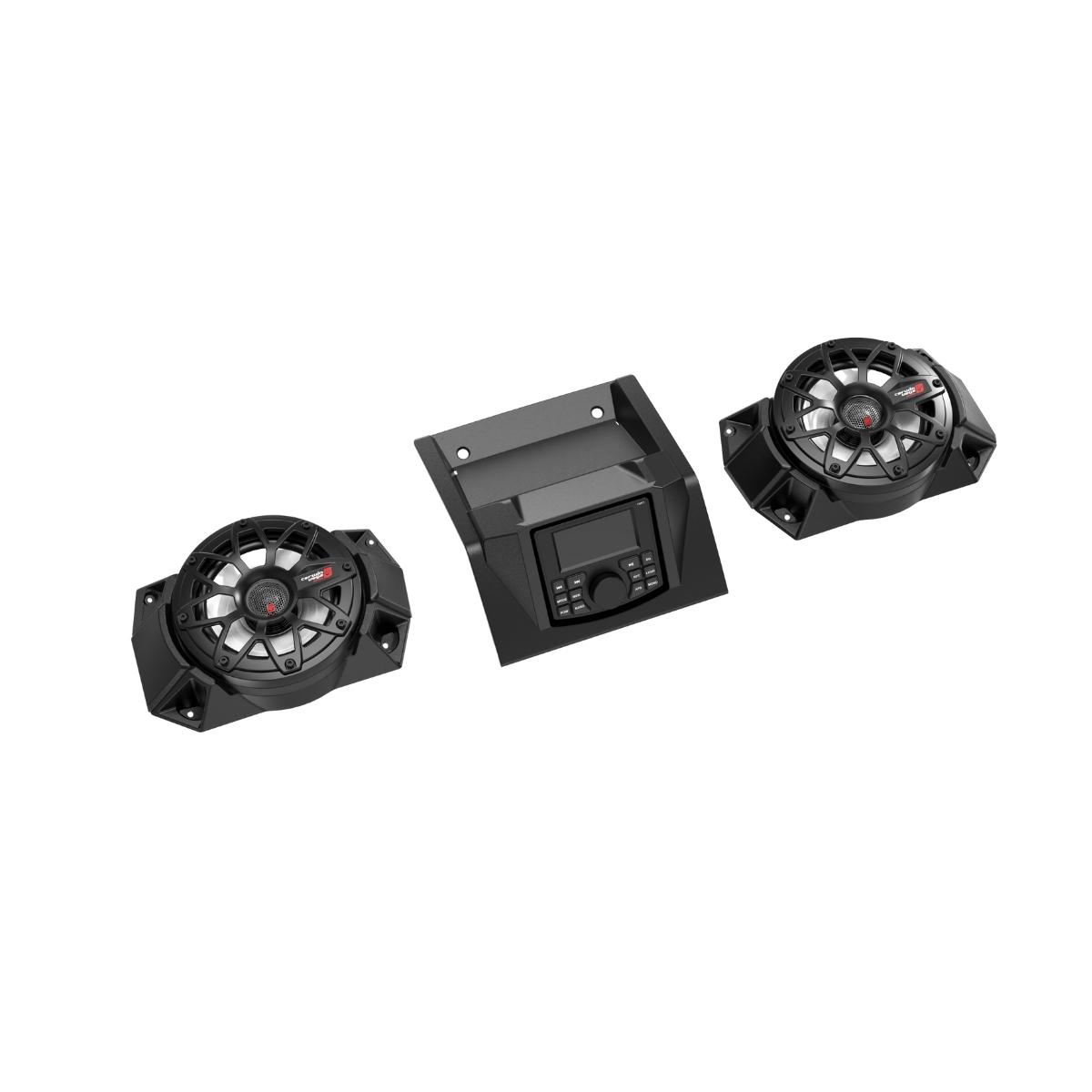 Two black stereo speakers with protective grilles flank a central control panel, enhancing your off-road experience. They complement the RPMRGRDA's buttons, circular dial, and display screen against a white background on the 2018+ Polaris® Ranger XP1000 Dash Audio Kit.