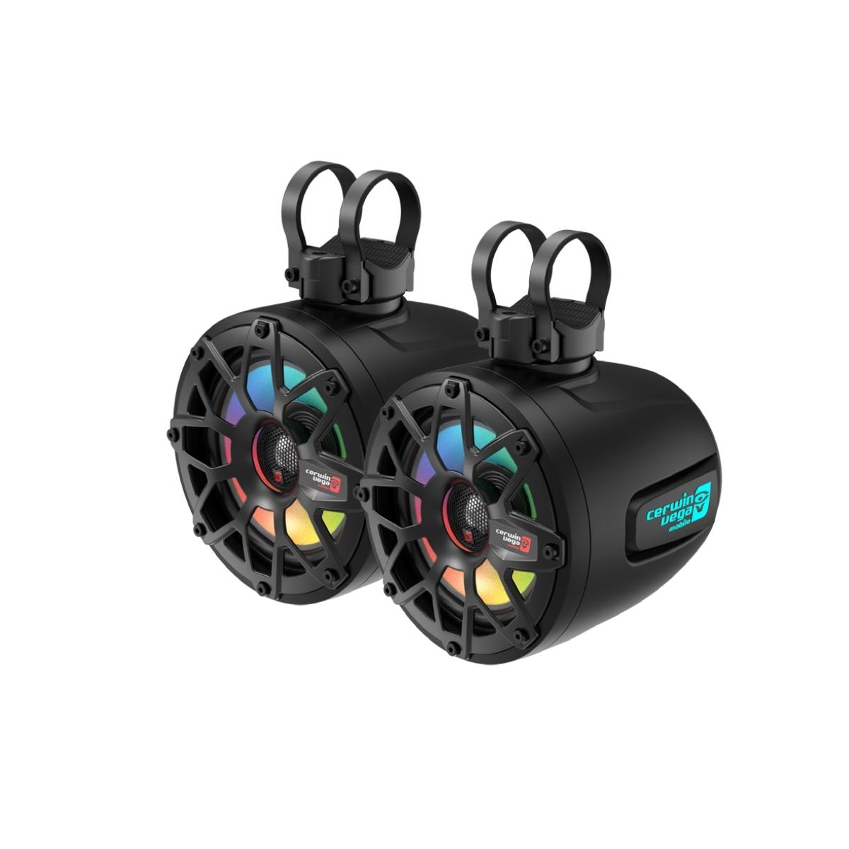 The 2017+ Can Am Maverick X3/X3 Max Kit includes two black waterproof marine subwoofers with circular frames and rainbow LED lights, mounted with durable clamps. This compact RPMX3KD3 system is perfect for outdoor or marine use.