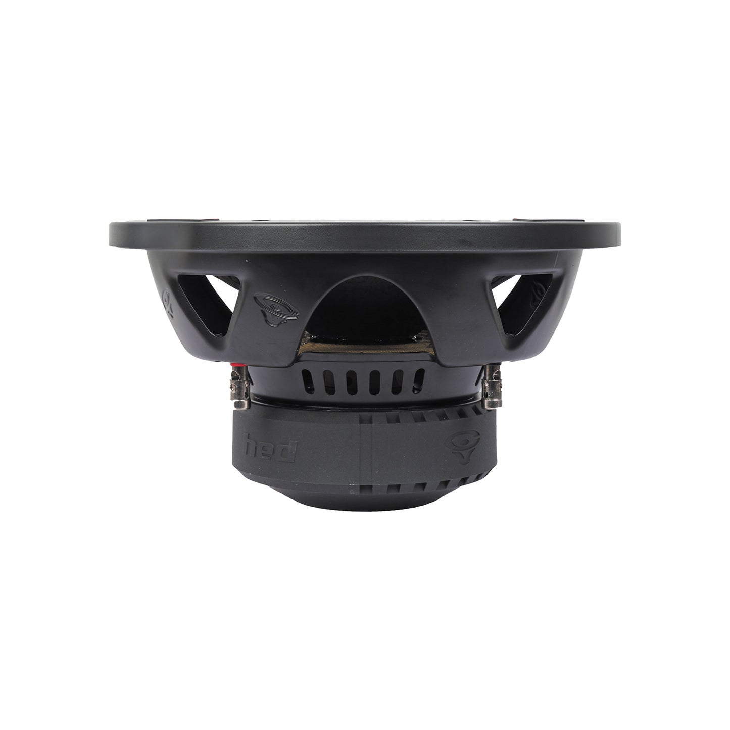 The HED 2025 Edition Subwoofer (H10DV2) features a 10" round, cone-shaped black design with a central magnet and cut-out frame for weight reduction and sound performance. The brand logo is visible on the side, and ventilation slots on the lower part ensure cooling. It includes dual 2Ω voice coils.