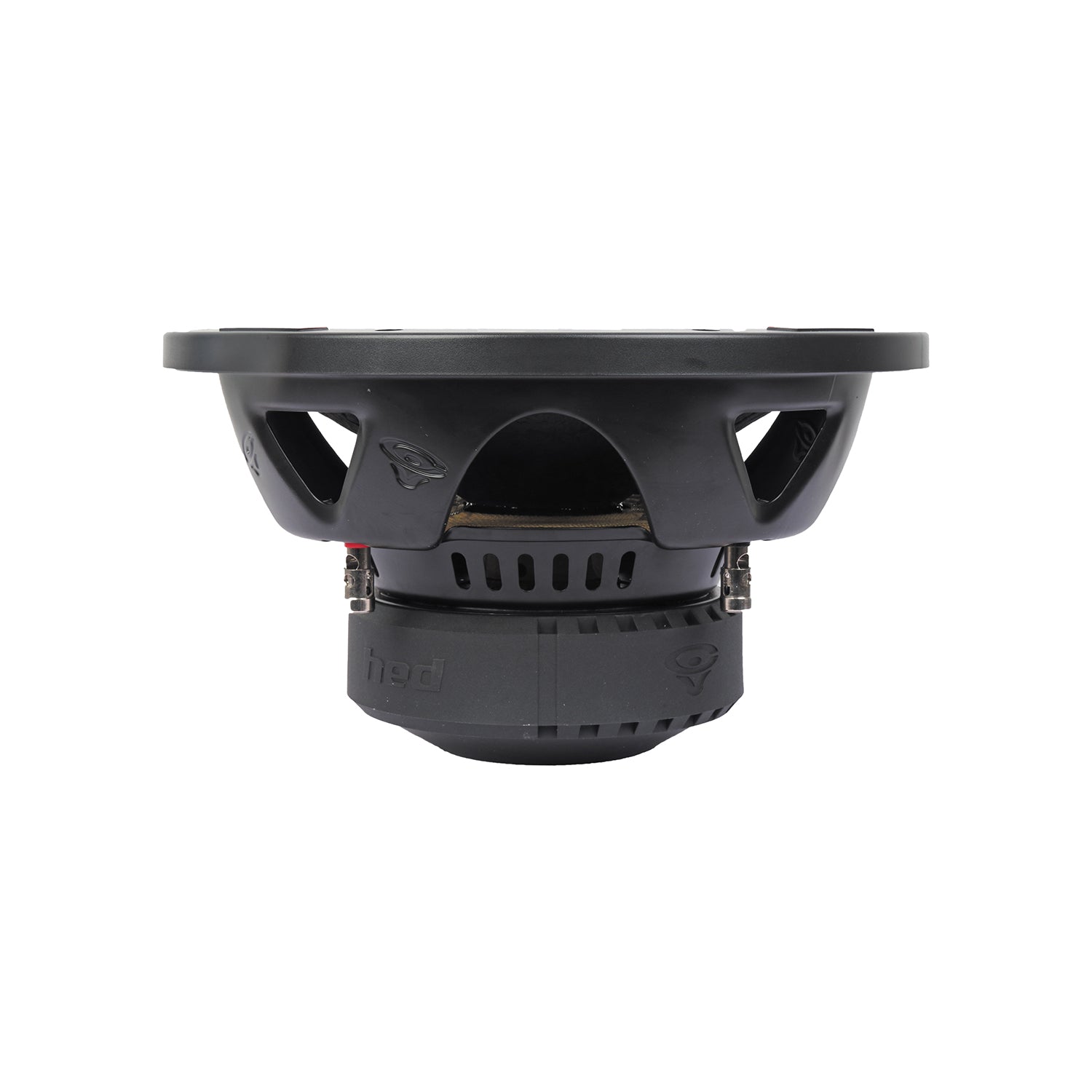 The HED 2025 Edition Subwoofer (H10DV2) features a 10" round, cone-shaped black design with a central magnet and cut-out frame for weight reduction and sound performance. The brand logo is visible on the side, and ventilation slots on the lower part ensure cooling. It includes dual 2Ω voice coils.