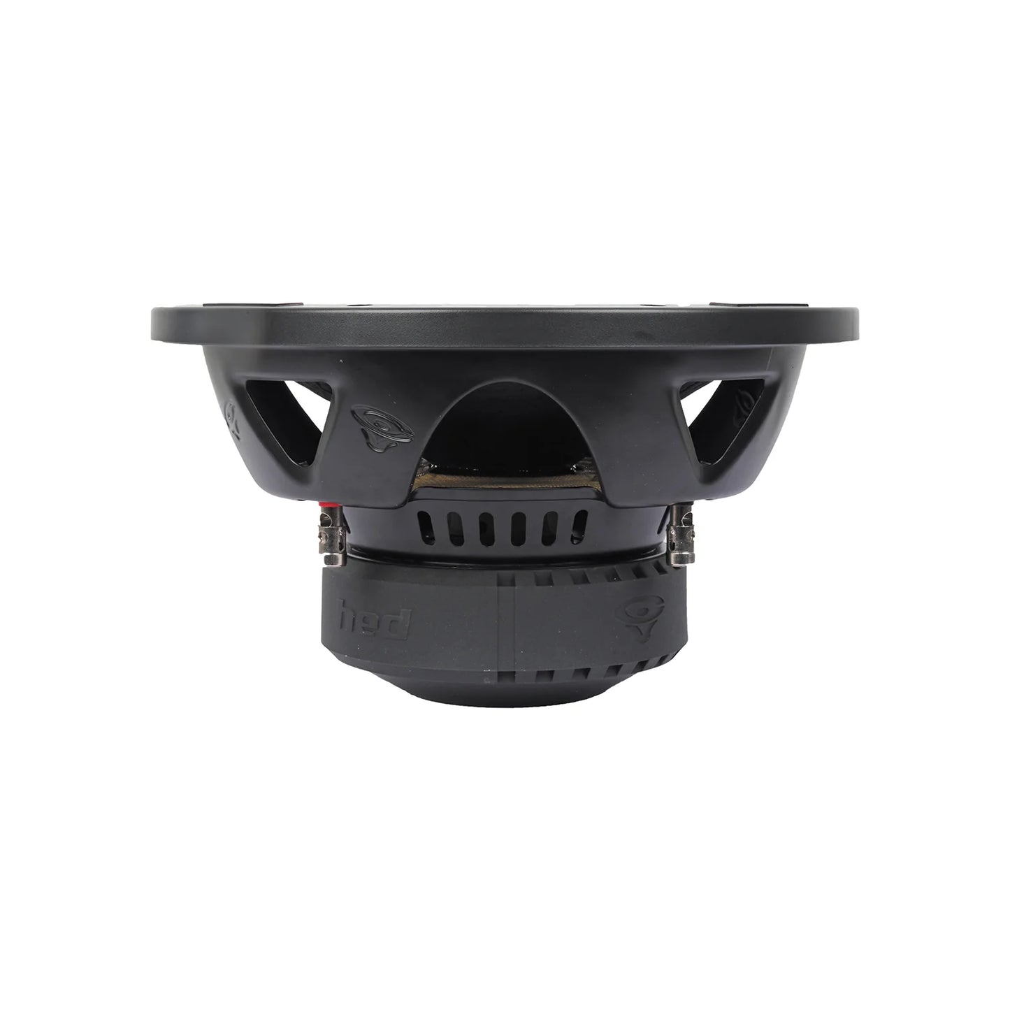 The HED 2025 Edition Subwoofer - H10DV4 features a black, industrial design with a sturdy metal frame and angled supports. It includes a dense, vented circular magnet housing and a flat, circular mounting surface, highlighting durability and performance.
