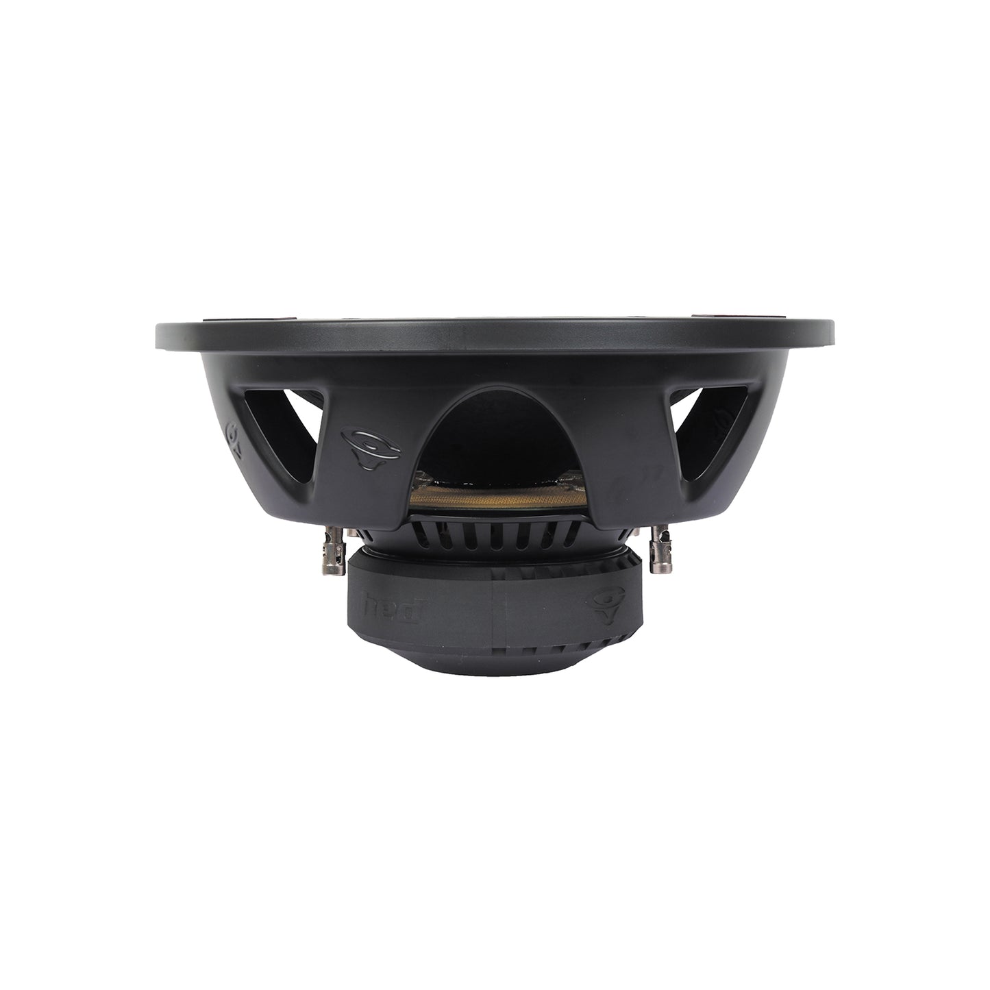 Side view of the HED 2025 Edition Subwoofer - HED 12" Dual 2Ω Voice Coils (H12DV2), showcasing its round frame and visible magnet structure, with airflow openings and connection terminals at the base, set against a white background.